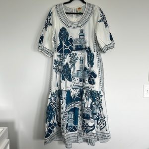 Farm rio midi blue white shirt sleeve cotton pagoda dress. Beaded button neck